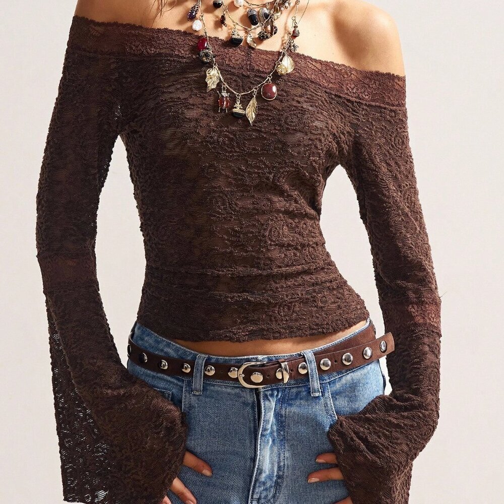 Mocha Brown Boho Women's Knit Off Shoulder Top - Picture 6 of 9